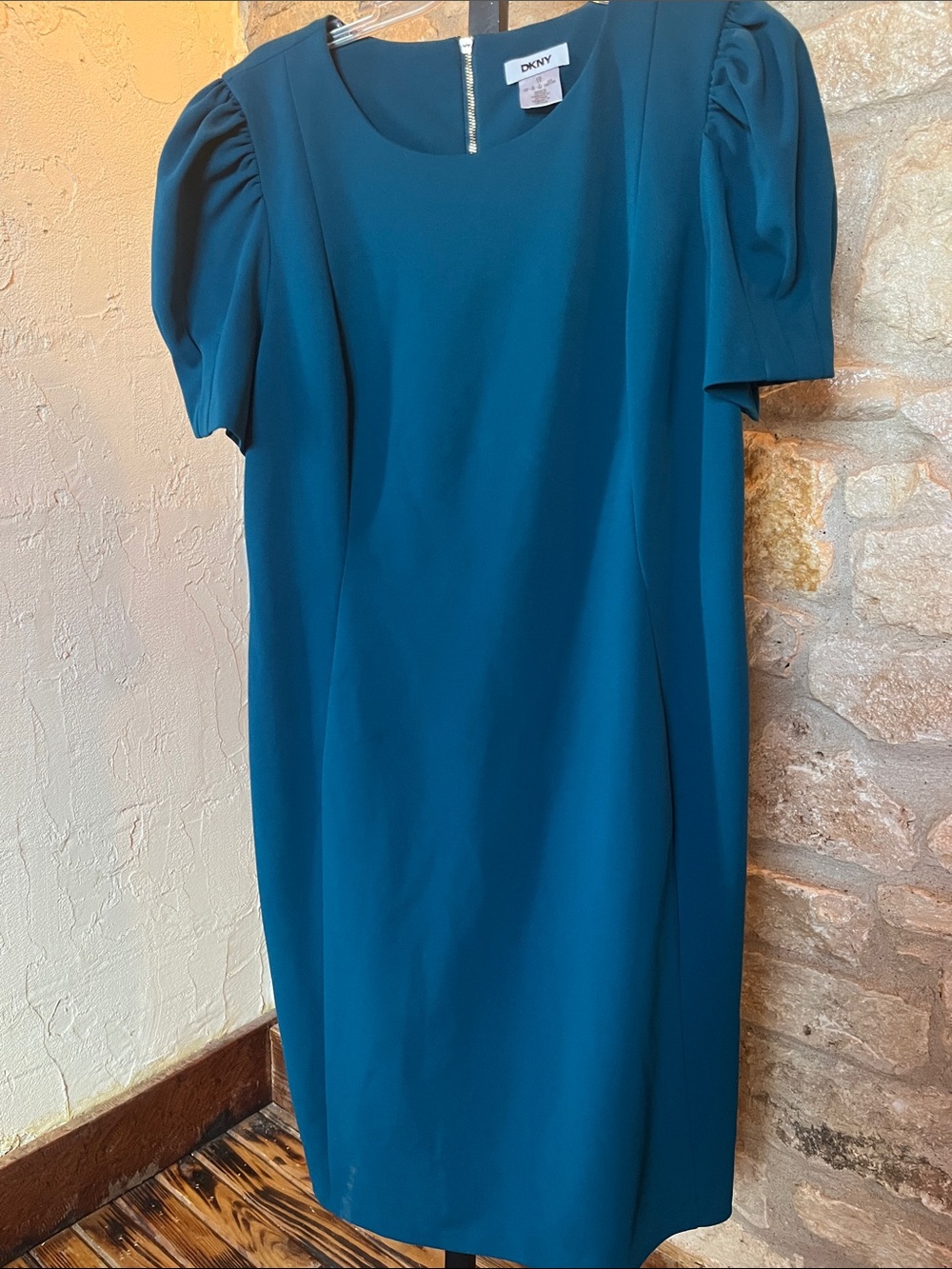 DKNY Teal Midi Puff-Sleeve Sheath Dress